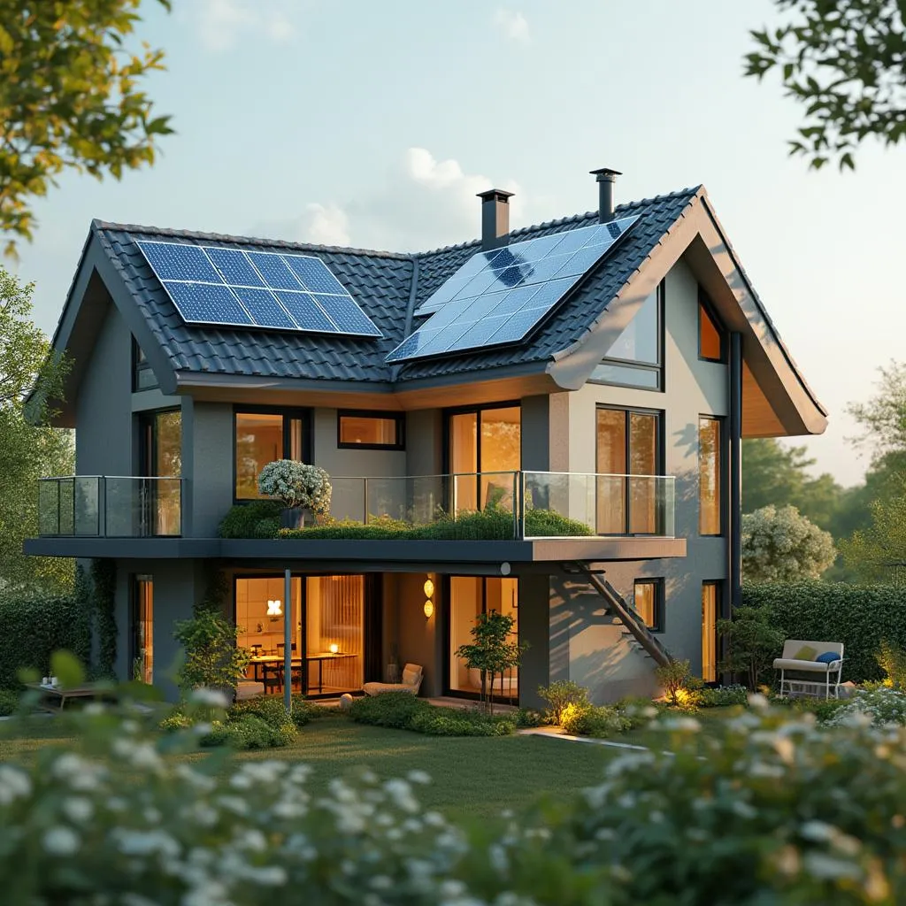 Dom so solárnymi panelmi a symbolom zelenej energie